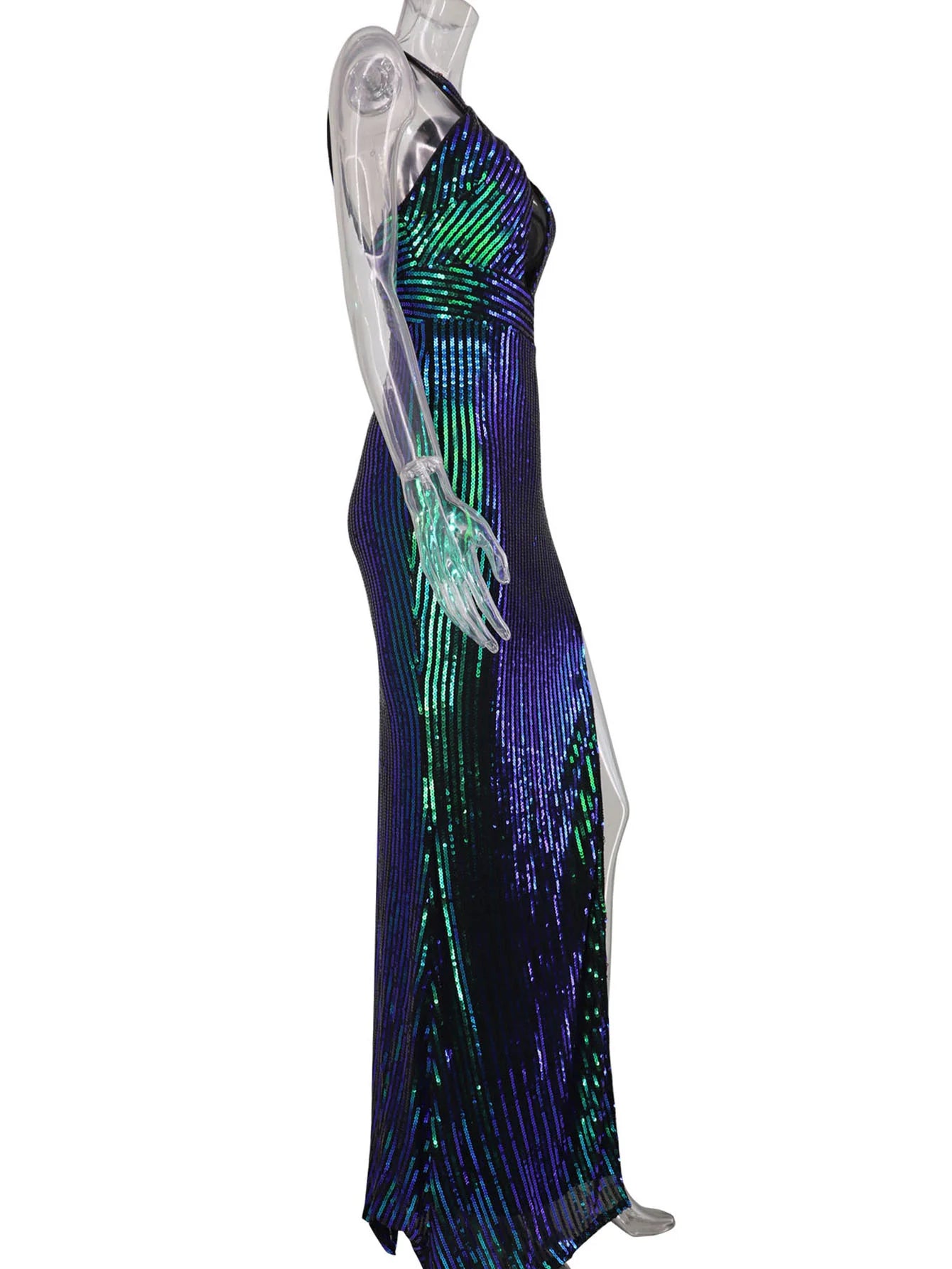 vestido de festa maxi feminino com lantejoulas SEQUINS RUNWAY longo justo azul esverdeado iridescente para festas
