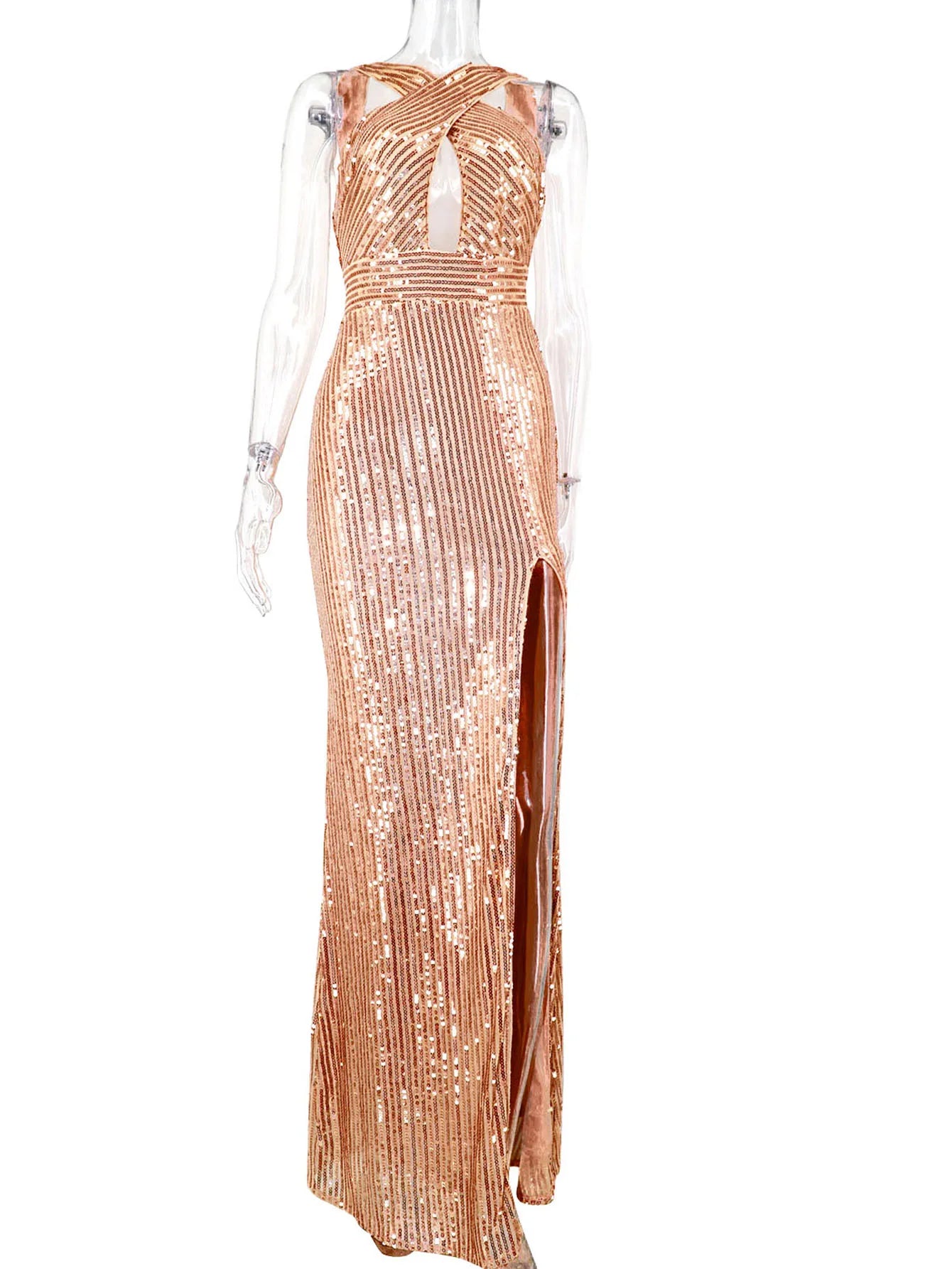 vestido de festa maxi feminino com lantejoulas SEQUINS RUNWAY dourado com decote cruzado e fenda lateral