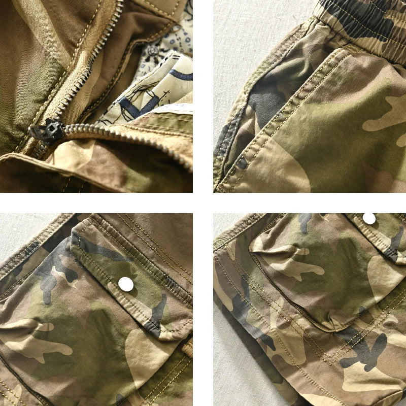 Shorts camuflados hip hop Leviortin com bolsos e detalhes em tecido resistente