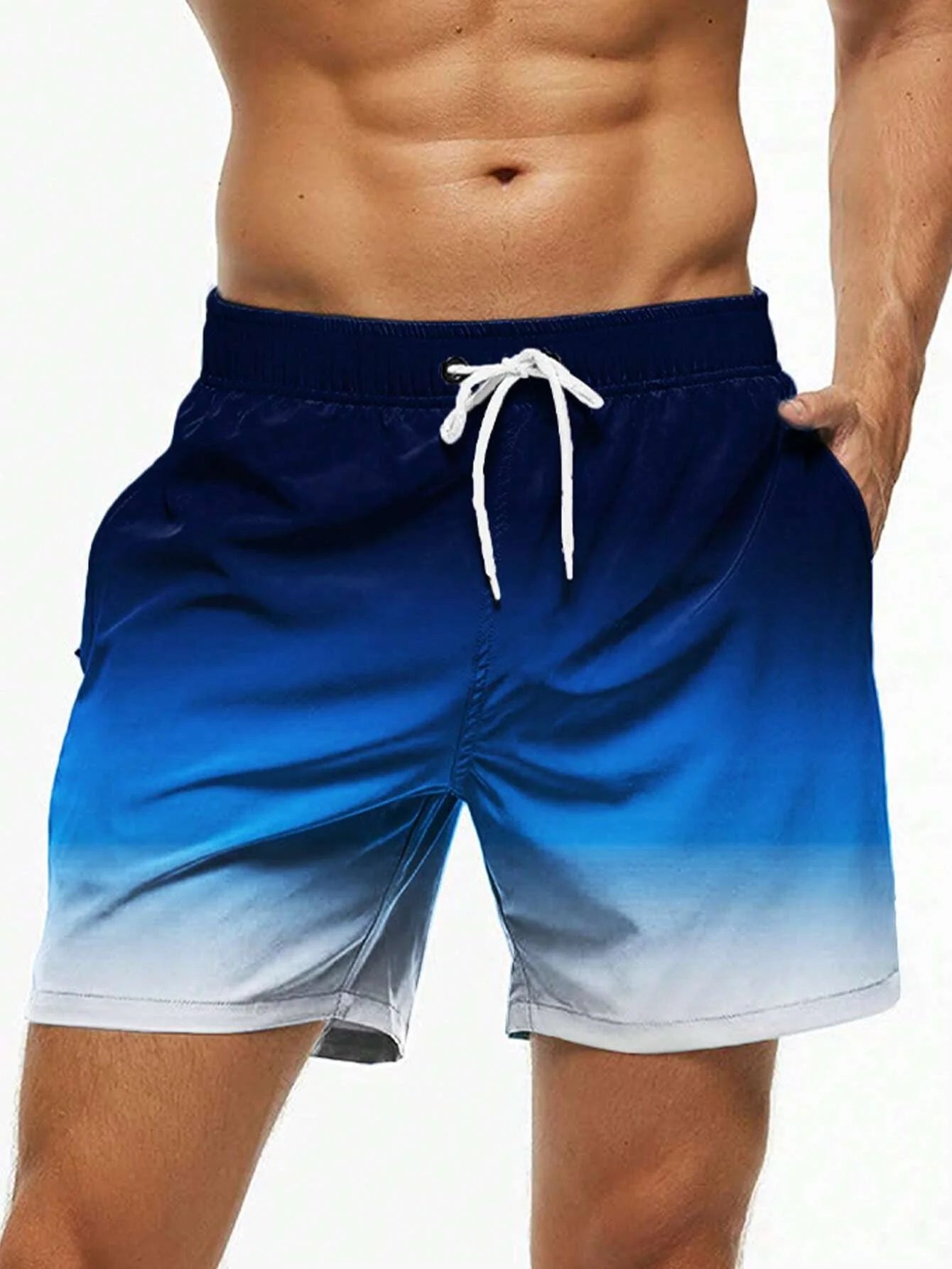 Shorts de banho masculino em degradê azul com cordão ajustável e bolsos laterais