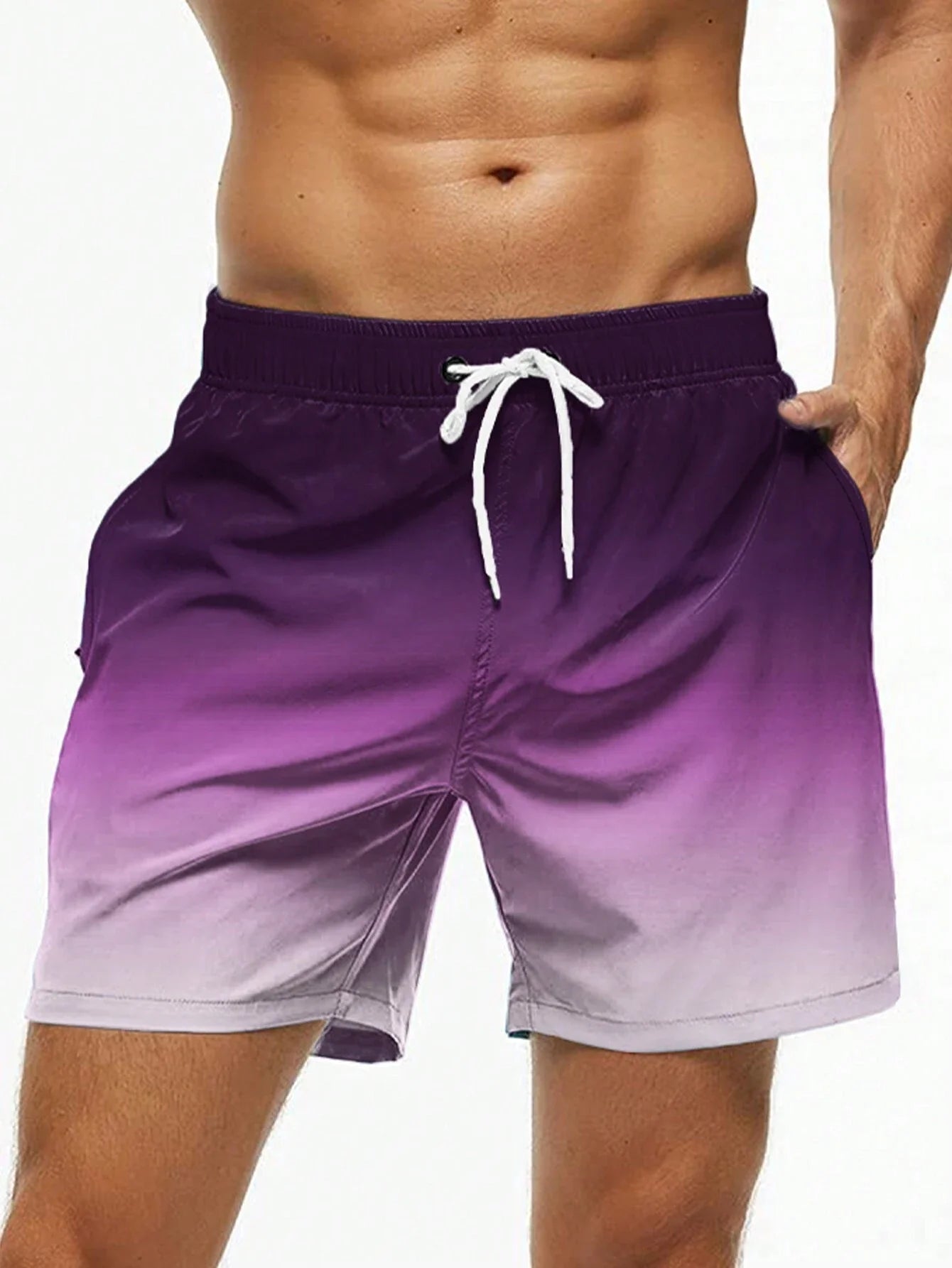 Shorts de banho masculino em gradiente roxo com cordão e bolsos laterais para conforto