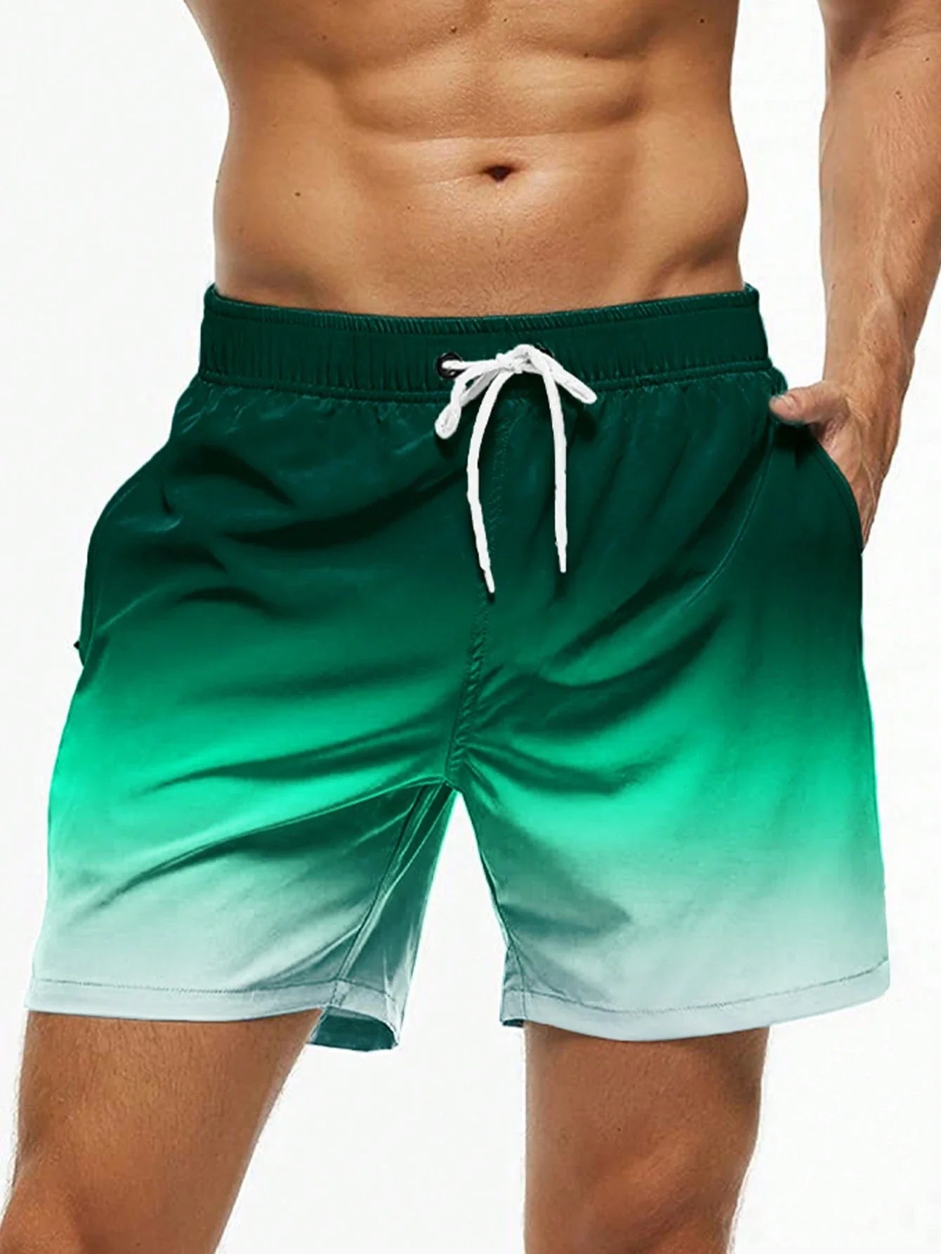 Shorts de banho masculino em degradê verde com bolso e cordão na cintura