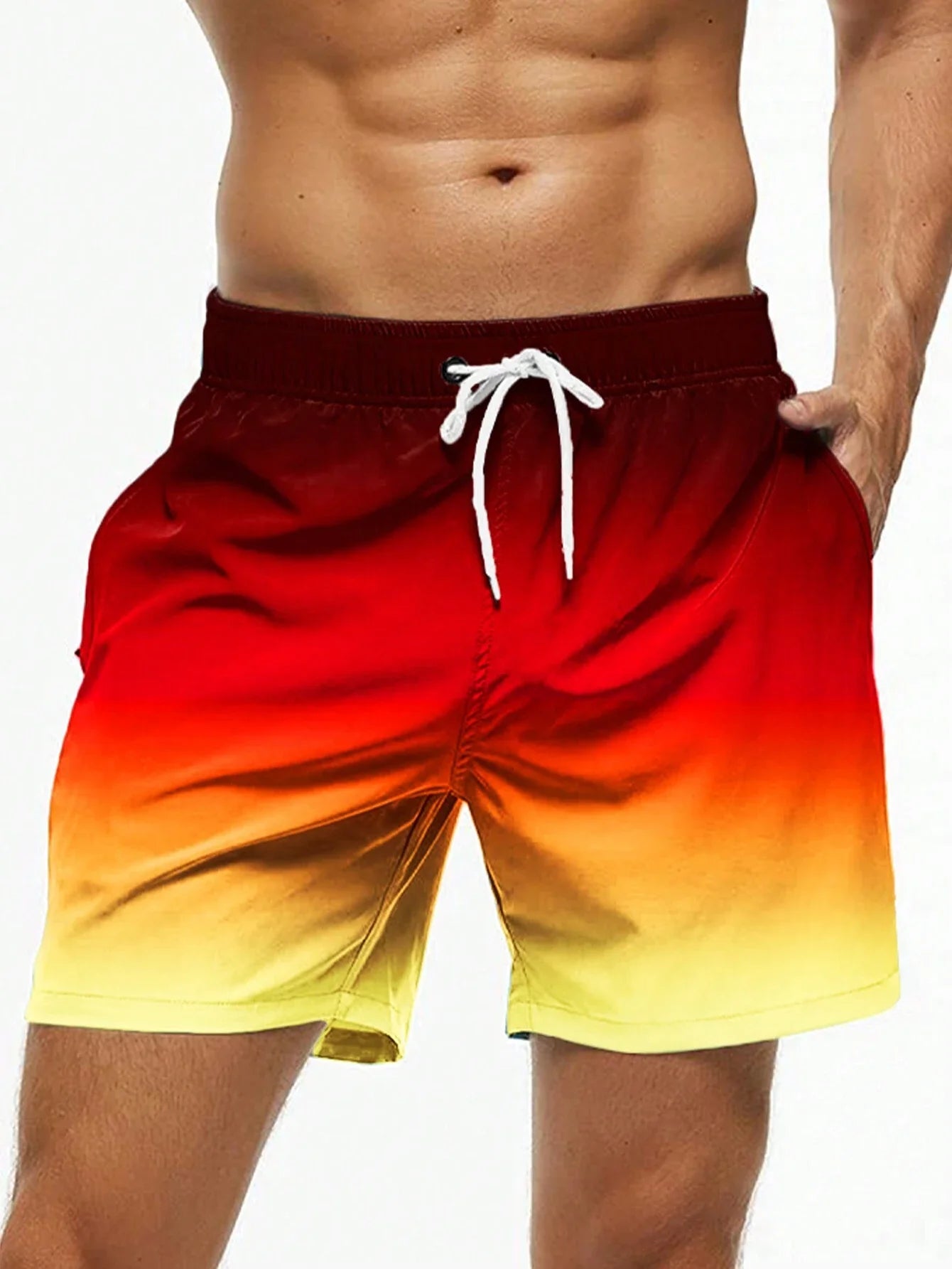 Shorts de banho masculino com gradiente vermelho e amarelo, ideal para praia e piscina