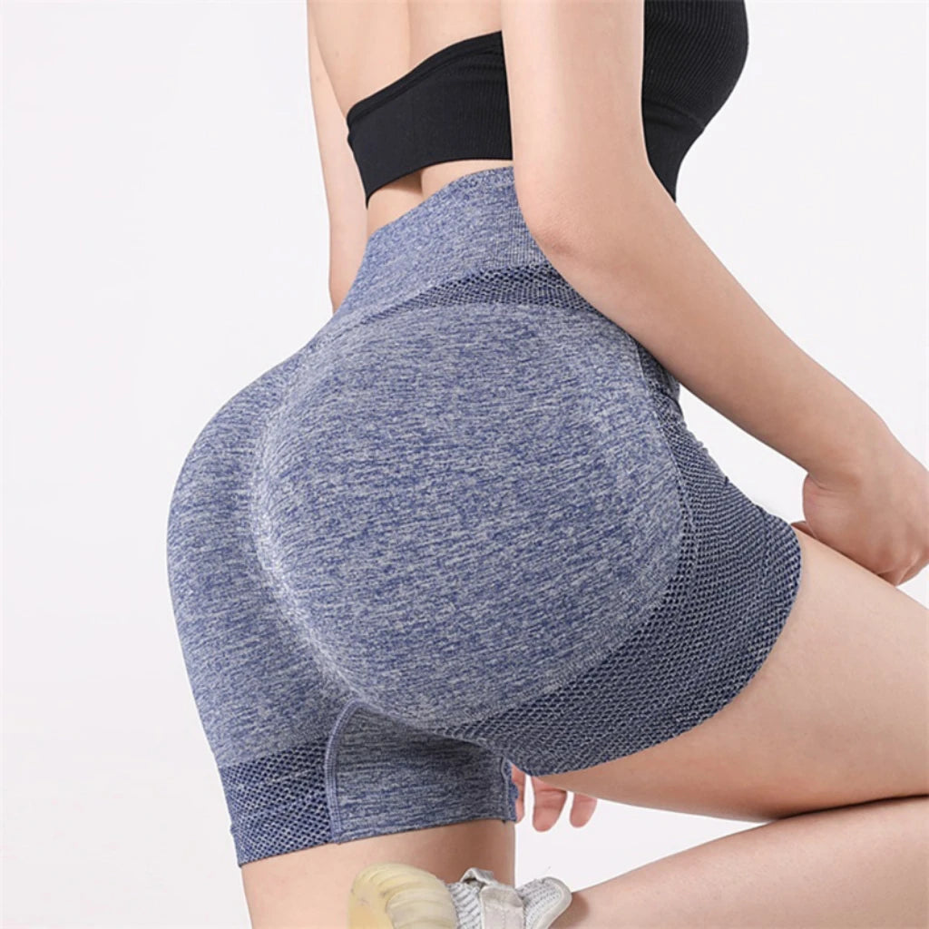 Shorts de cintura alta feminino em tecido elástico, ideal para exercícios e conforto durante o treino