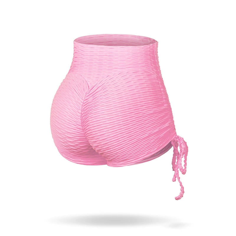 Shorts de ioga sexy rosa com detalhe em franzido e cordão ajustável para conforto no treino
