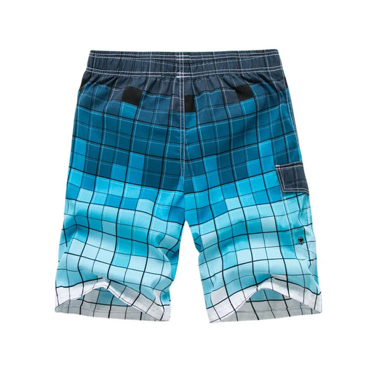 Shorts de praia masculina plus size com estampa em gradiente azul e bolso lateral