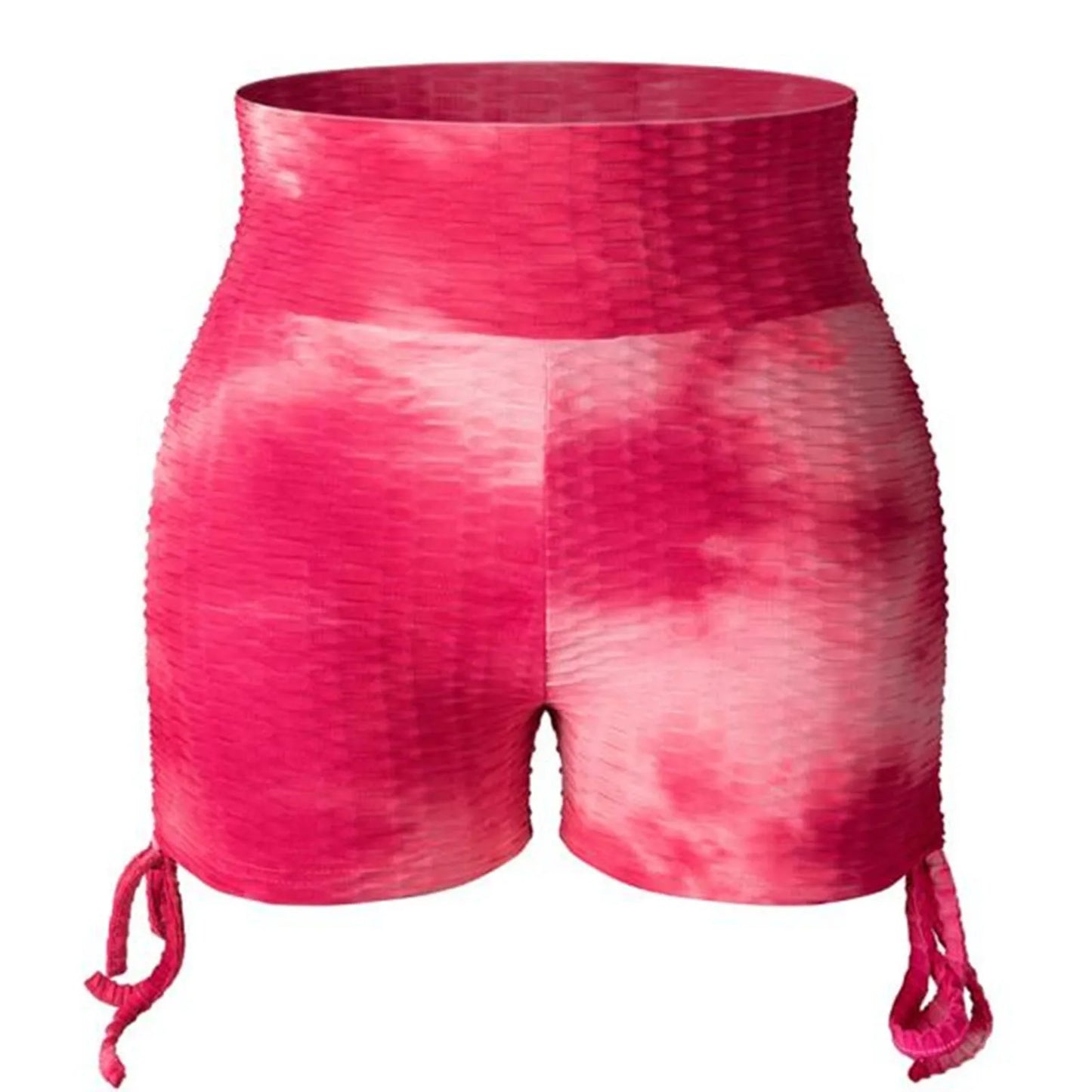 Shorts de treino feminino em rosa com efeito tie-dye e detalhes de amarração