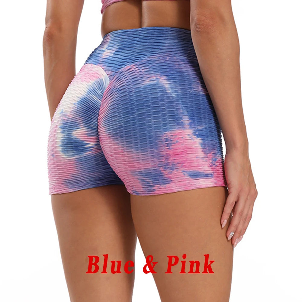 Shorts esportivos femininos cintura alta em azul e rosa com design moderno e confortável