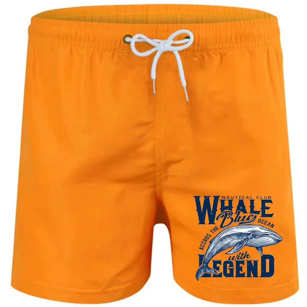Shorts estampados de baleia em laranja com design náutico e cordão ajustável