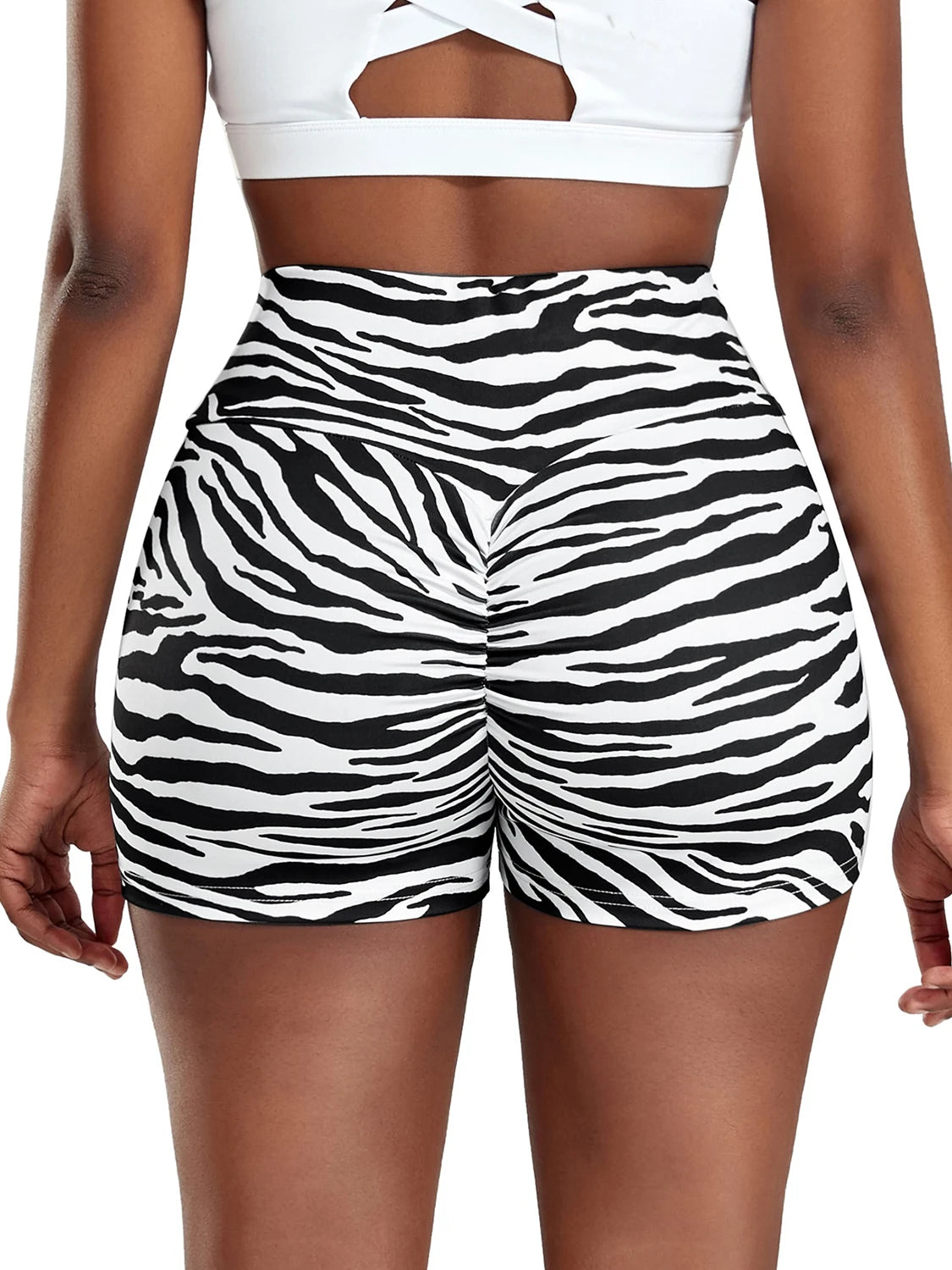 Shorts femininos de zebra FITTOO com design de estampa listrada em preto e branco para atividades fitness