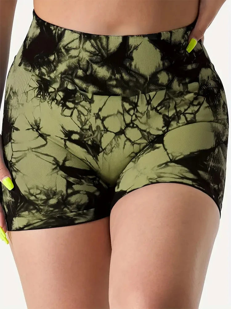 Shorts ioga feminino cintura alta estampados em verde oliva para conforto durante atividades físicas
