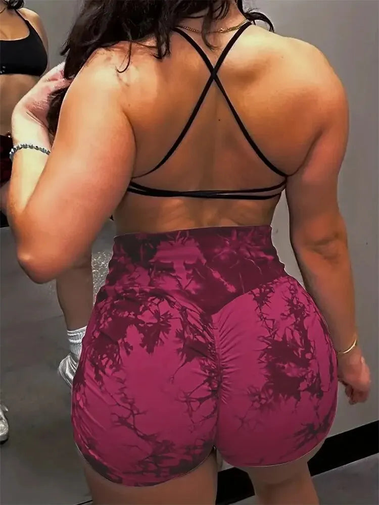Shorts ioga feminino cintura alta em rosa com estampa moderna, ideais para atividades físicas confortáveis