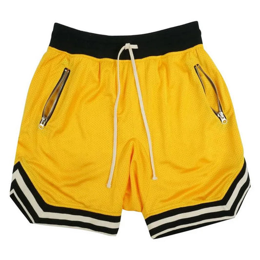 Shorts masculinos esportivos YIMIPHER em amarelo com zíperes e detalhes em preto para treino e conforto