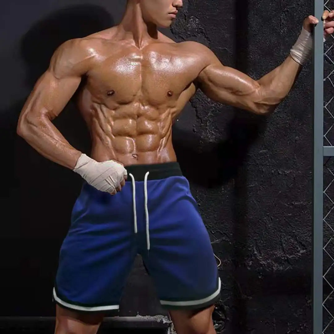 Shorts masculinos esportivos YIMIPHER em azul, ideais para treinamento e atividades físicas.