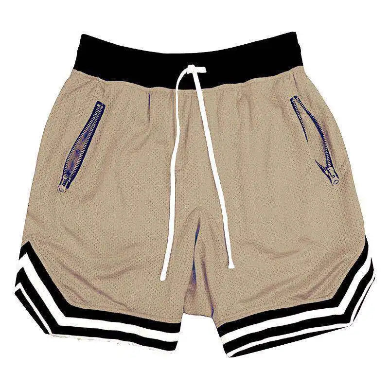 Shorts masculinos esportivos YIMIPHER em tom bege com detalhes em preto e zíperes laterais