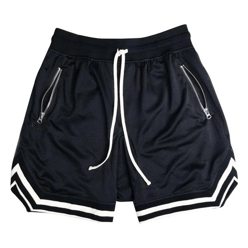 Shorts masculinos esportivos YIMIPHER em preto com detalhes brancos e zíperes laterais