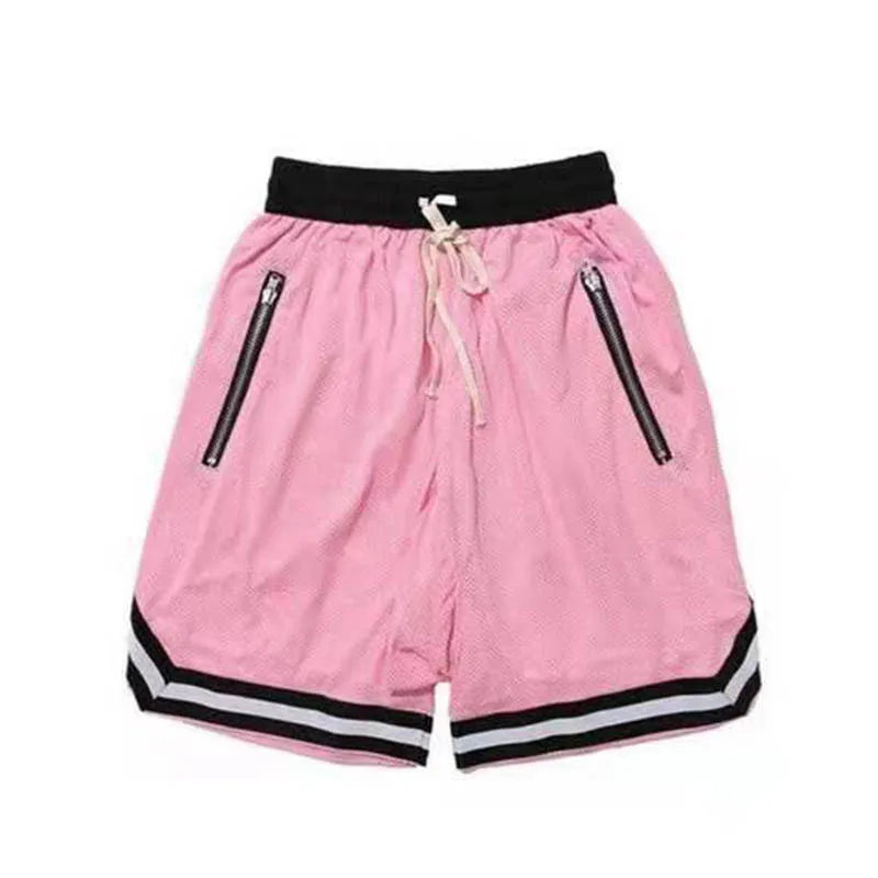 Shorts masculinos esportivos YIMIPHER na cor rosa com zíperes e detalhes em preto