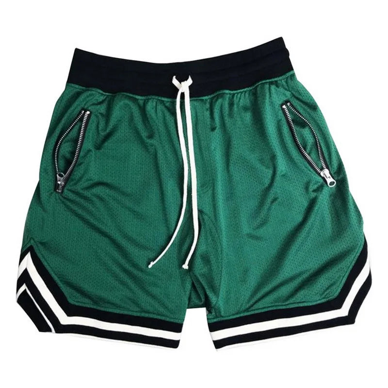 Shorts masculinos esportivos YIMIPHER em verde com bolso com zíper e faixa lateral preta e branca