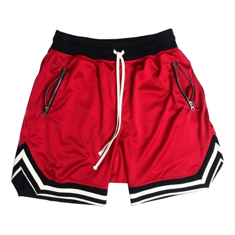 Shorts masculinos esportivos YIMIPHER em vermelho com zíperes e design moderno para treinos