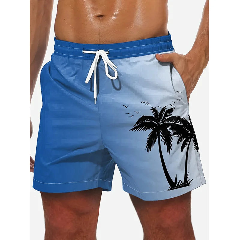 Shorts masculinos harajuku com estampa de palmeiras e gradiente azul, ideal para verão e praia