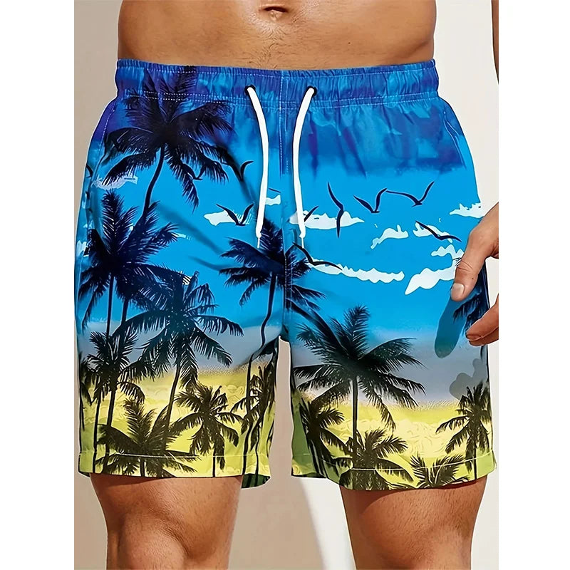 Shorts masculinos harajuku com estampa tropical de palmeiras e céu azul, perfeitos para o verão