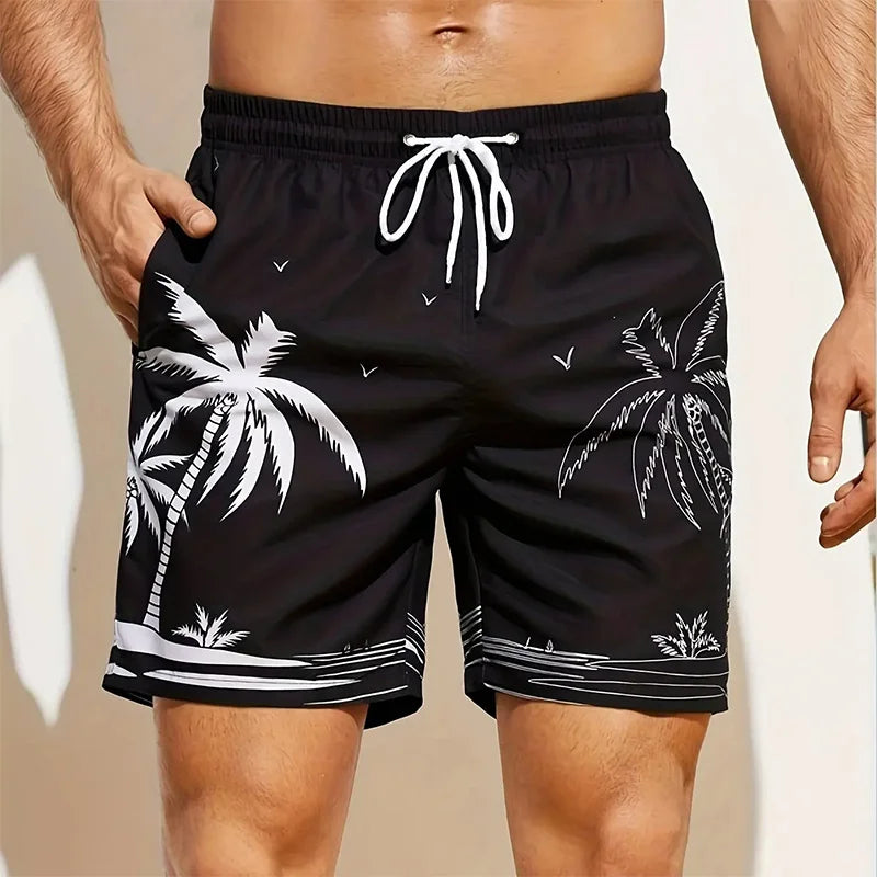 Shorts masculinos harajuku pretos com estampa de palmeiras para estilo casual e confortável