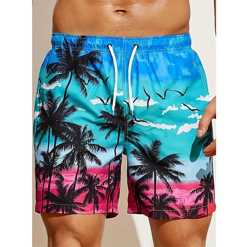 Shorts masculinos harajuku com estampa tropical em cores vibrantes de palmeiras e céu azul