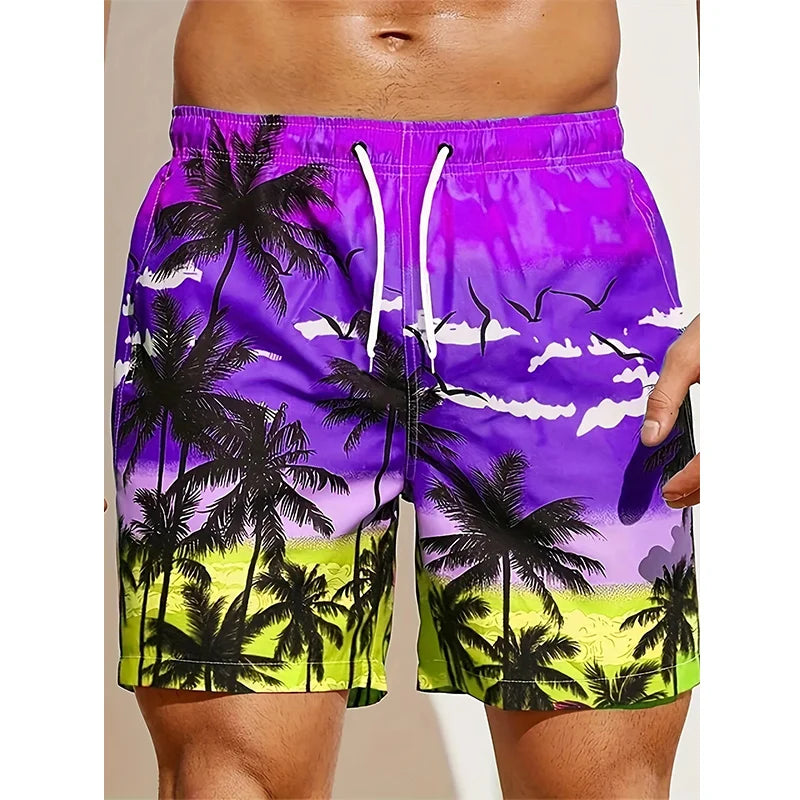 Shorts masculinos harajuku com estampa tropical de palmeiras em tons de roxo e amarelo