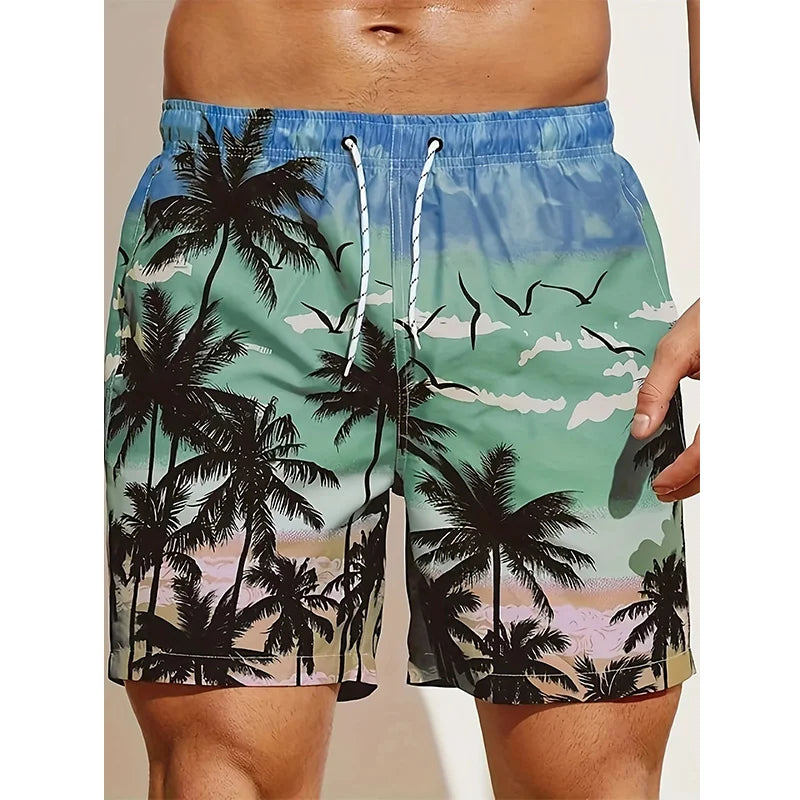 Shorts masculinos harajuku com estampa tropical de palmeiras em fundo azul claro