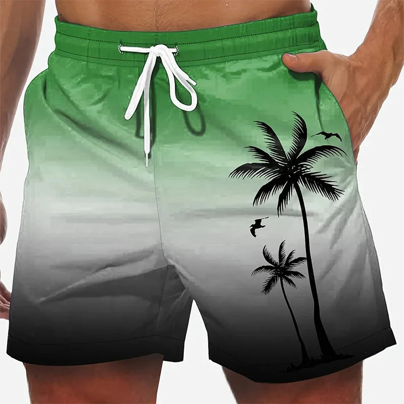 Shorts masculinos harajuku em verde com estampa de palmeiras, ideais para o verão e conforto casual