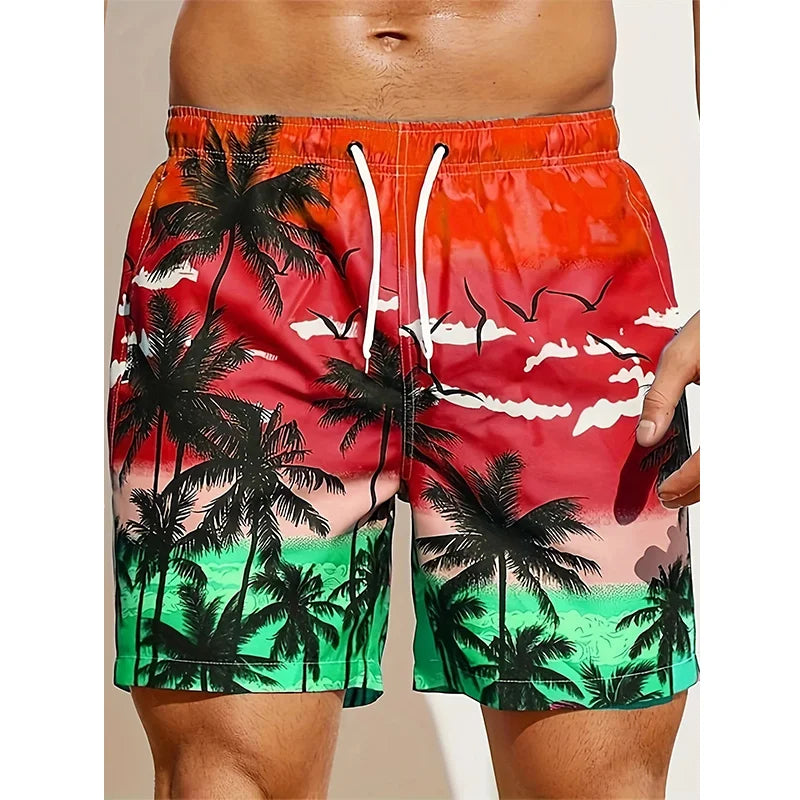 Shorts masculinos harajuku com estampa tropical de palmeiras e tonalidades vibrantes de vermelho e verde