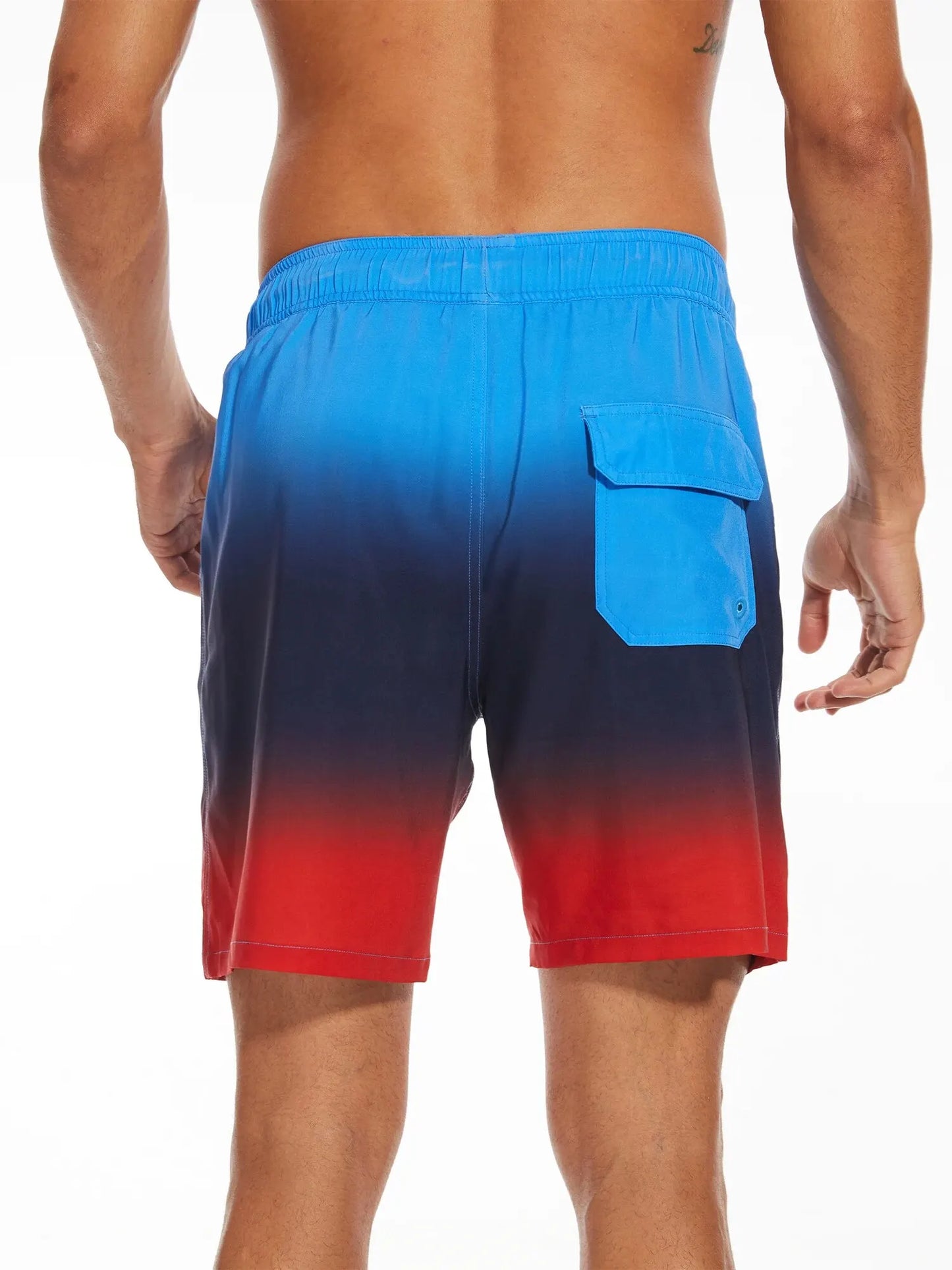 Shorts masculinos plus size com degradê azul e vermelho, bolso traseiro prático e confortável