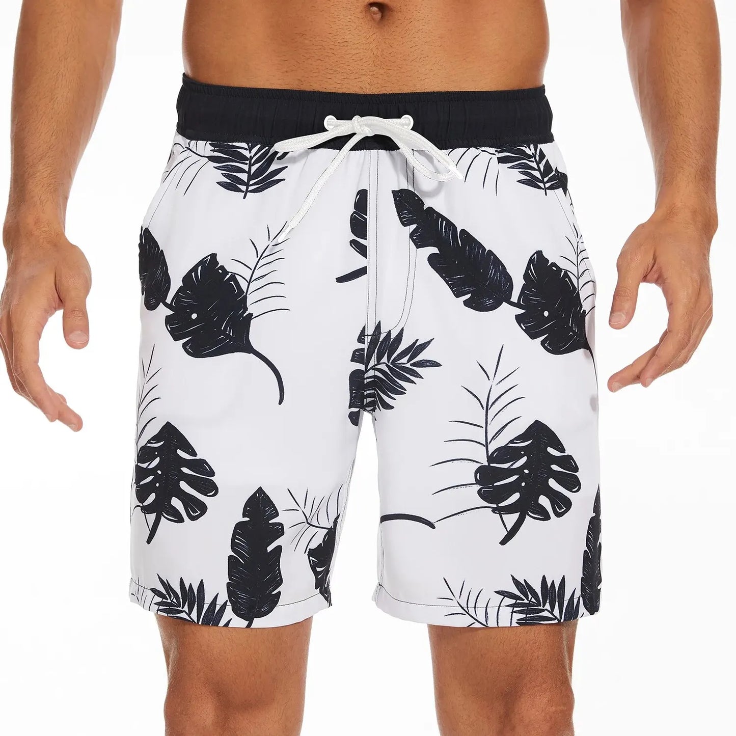 Shorts masculinos plus size brancos com estampa tropical em folhas pretas, ideal para o verão