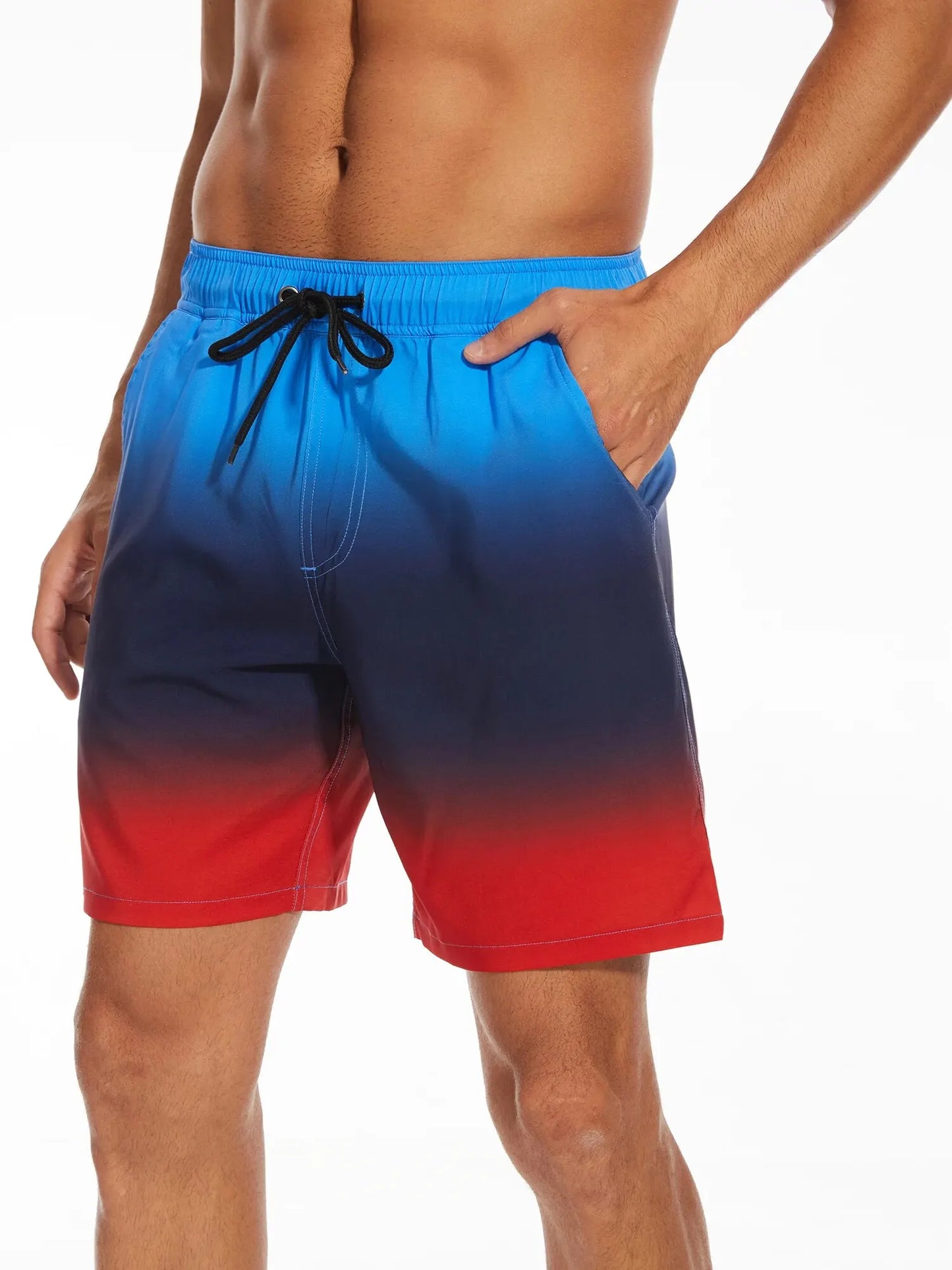 Shorts masculinos plus size em degradê azul e vermelho com bolsos laterais e elástico na cintura