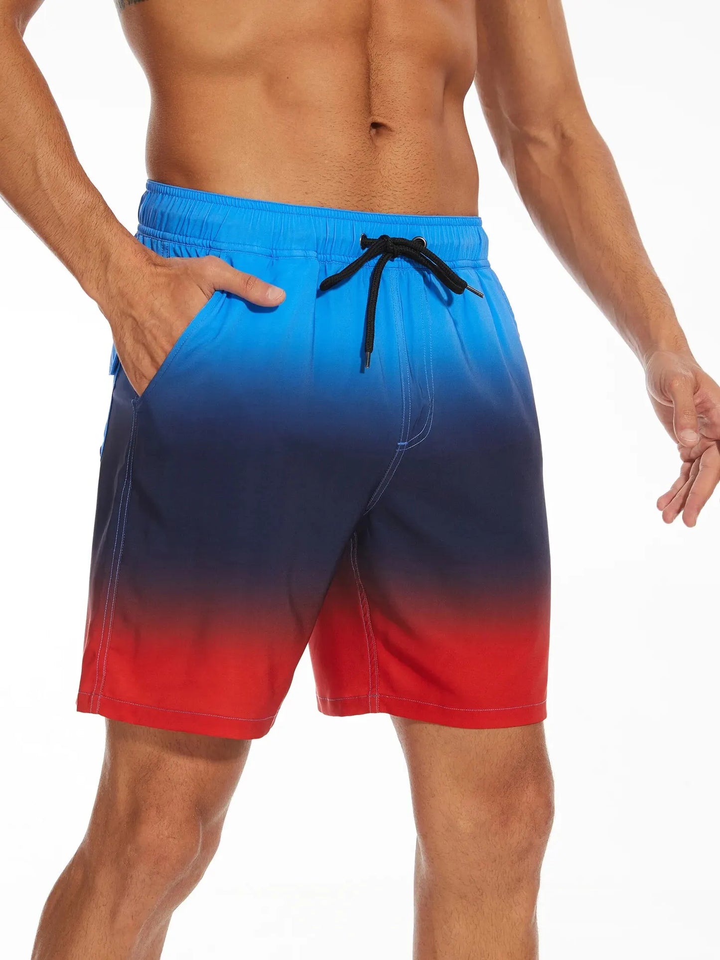 Shorts masculinos plus size em degrade azul e vermelho, com bolso e cordão ajustável na cintura