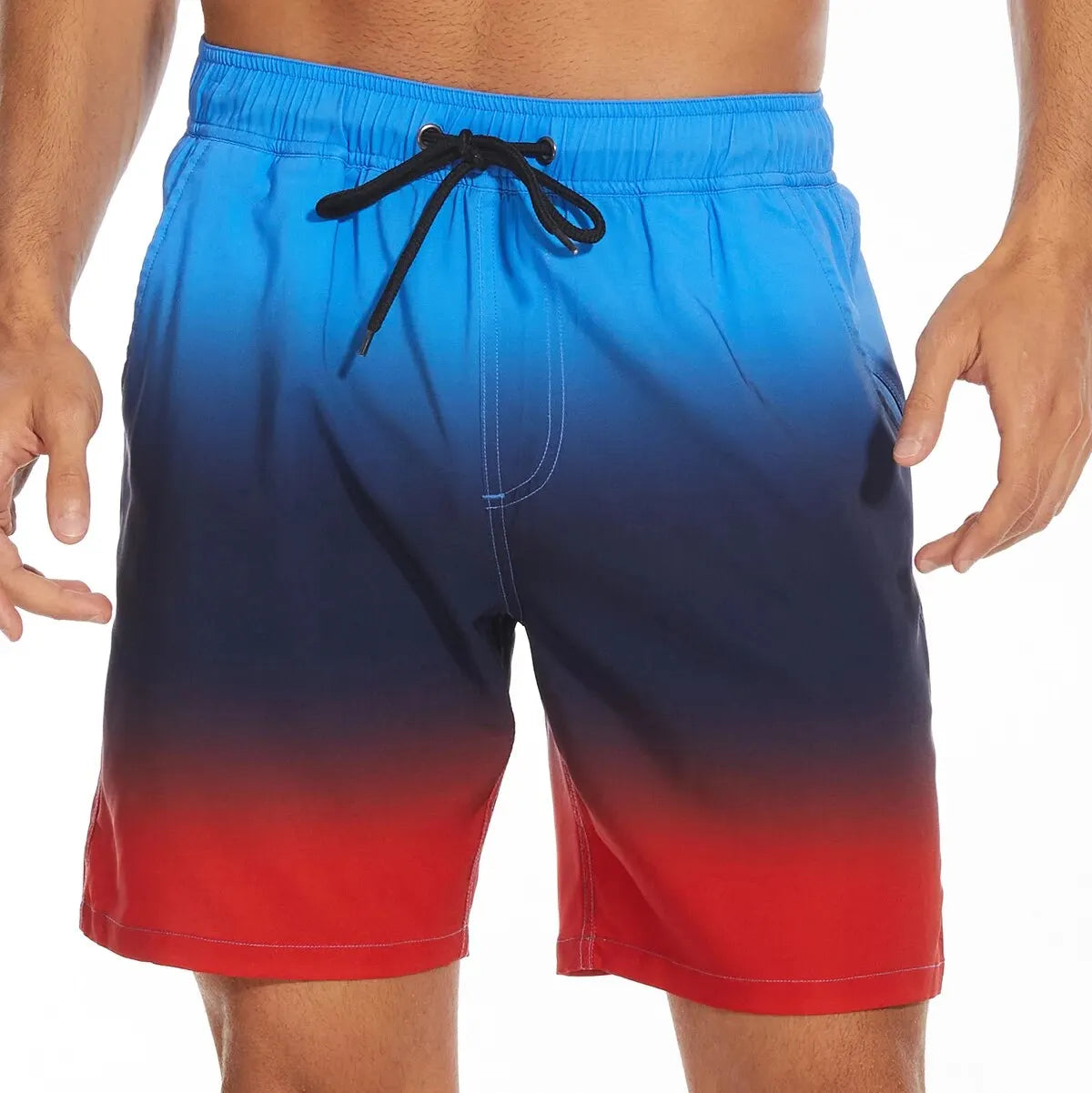 Shorts masculinos plus size em gradiente azul e vermelho com cintura elástica e cordão ajustável