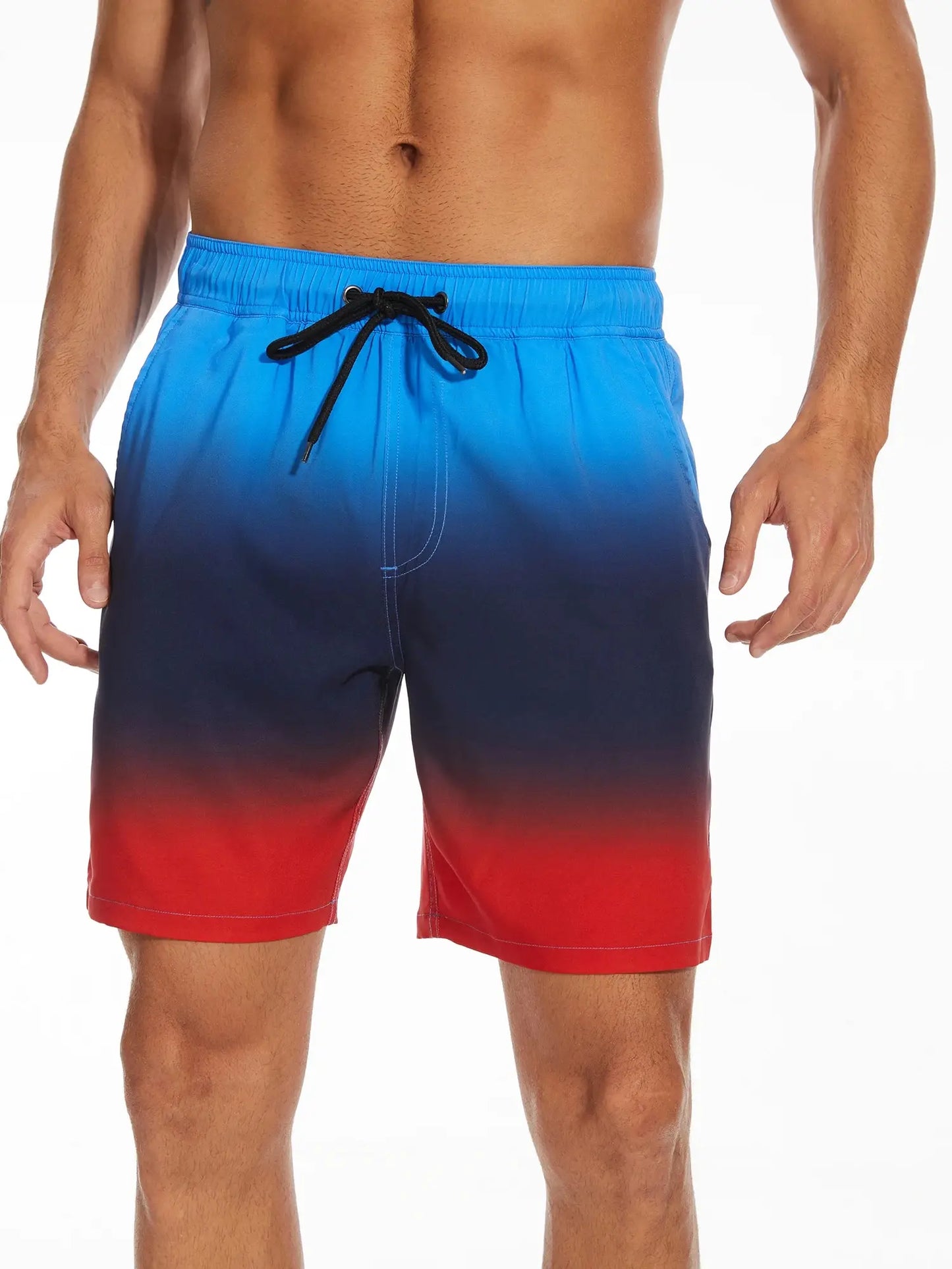 Shorts masculinos plus size em degradê azul e vermelho com cordão ajustável na cintura