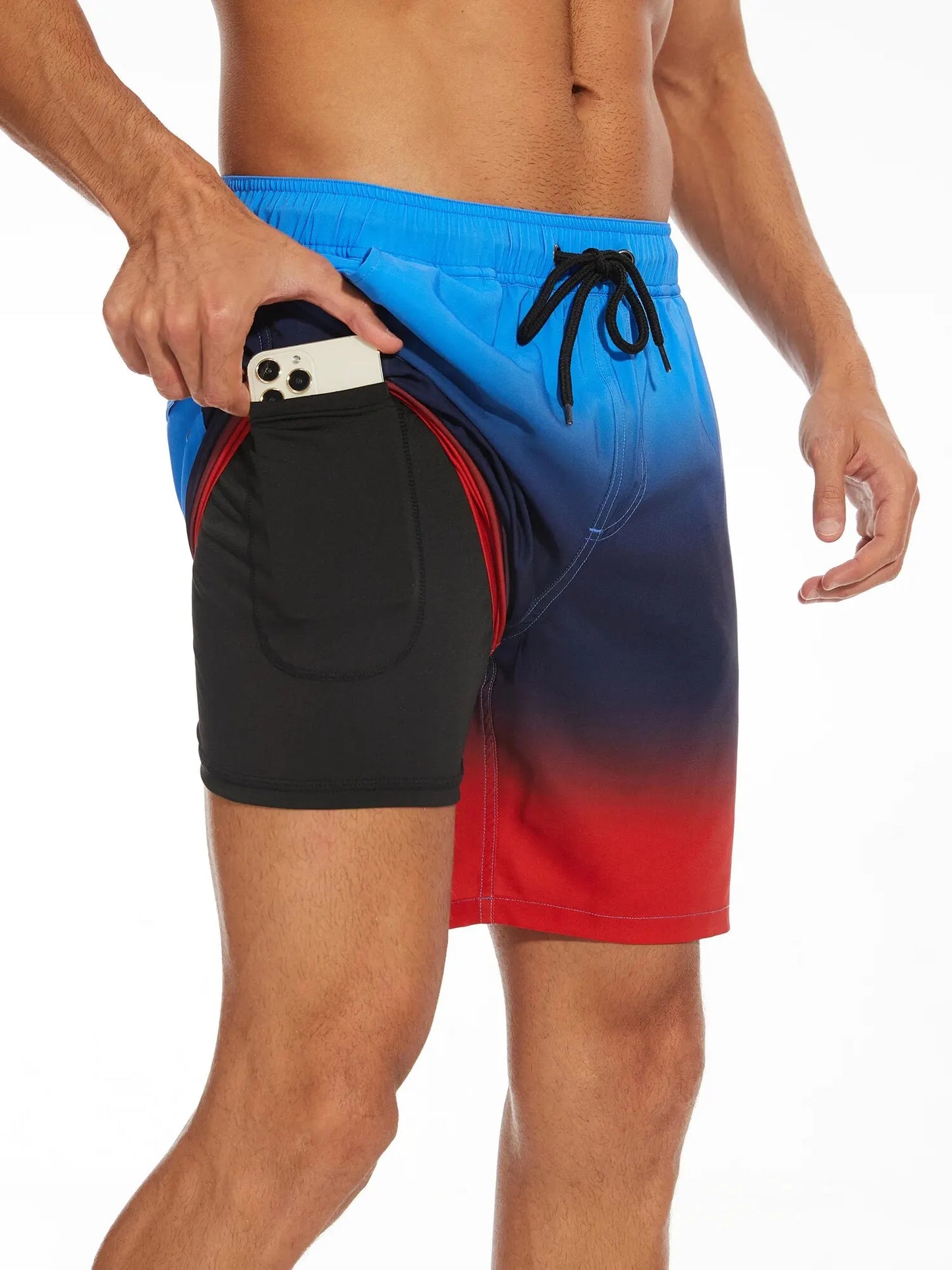 Shorts masculinos plus size com design degradê em azul e vermelho, bolso lateral para celular