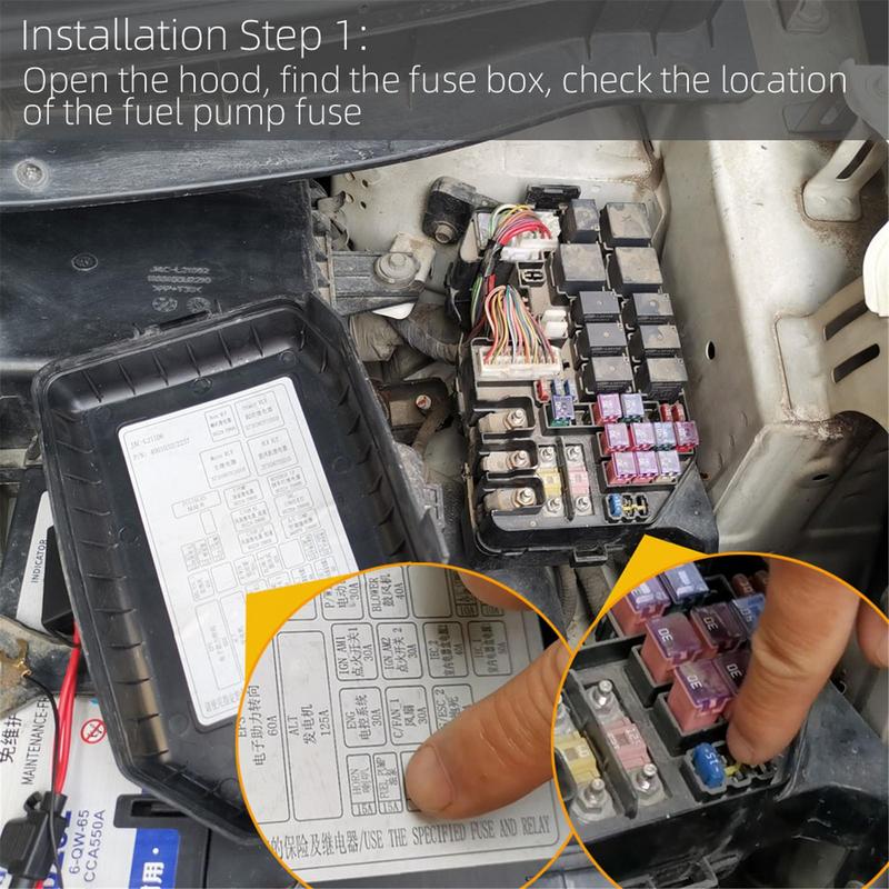Passo a passo de instalação do sistema de imobilizador de carro DIERFEI mostrando a caixa de fusíveis