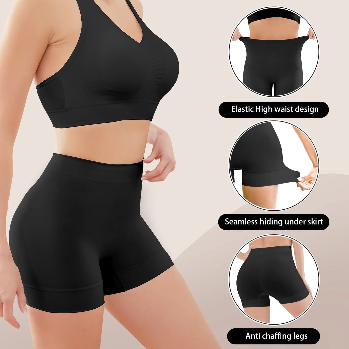 Shorts femininos anti atrito da MS SIMIYA com design de cintura alta e sem costura para conforto.