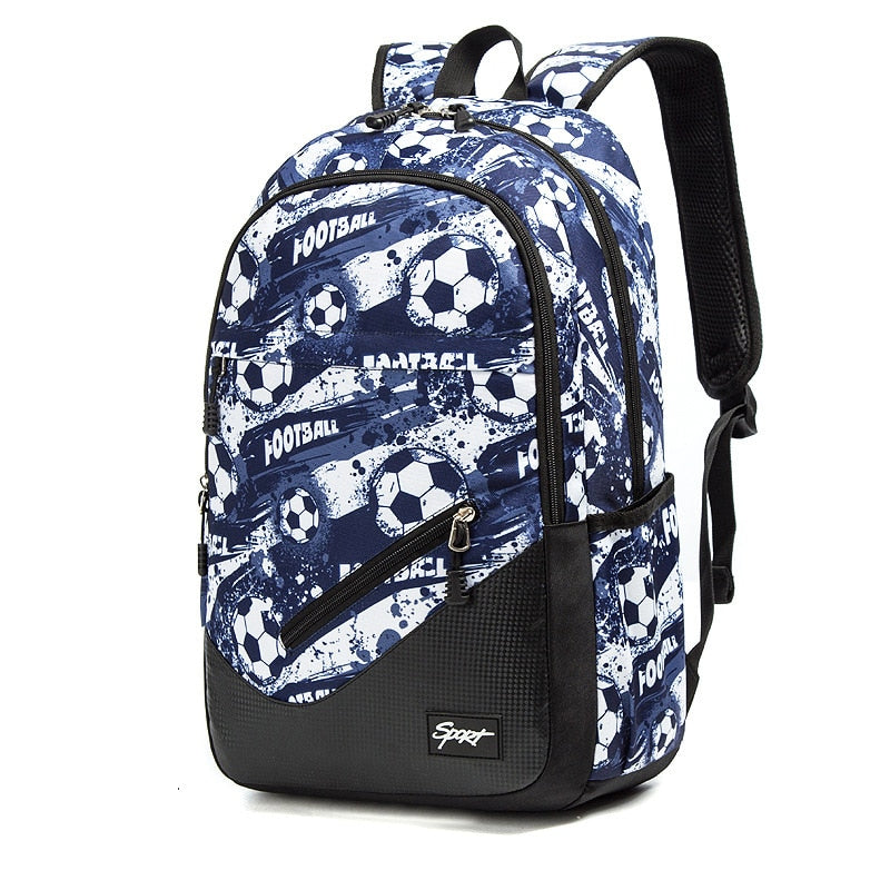 Mochila escolar grande capacidade com estampa de futebol para crianças, ideal para uso escolar diário