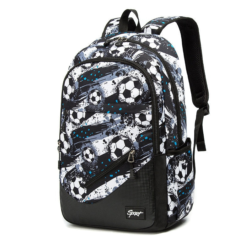 Mochila escolar grande capacidade com estampa de futebol, ideal para crianças e adolescentes ativos