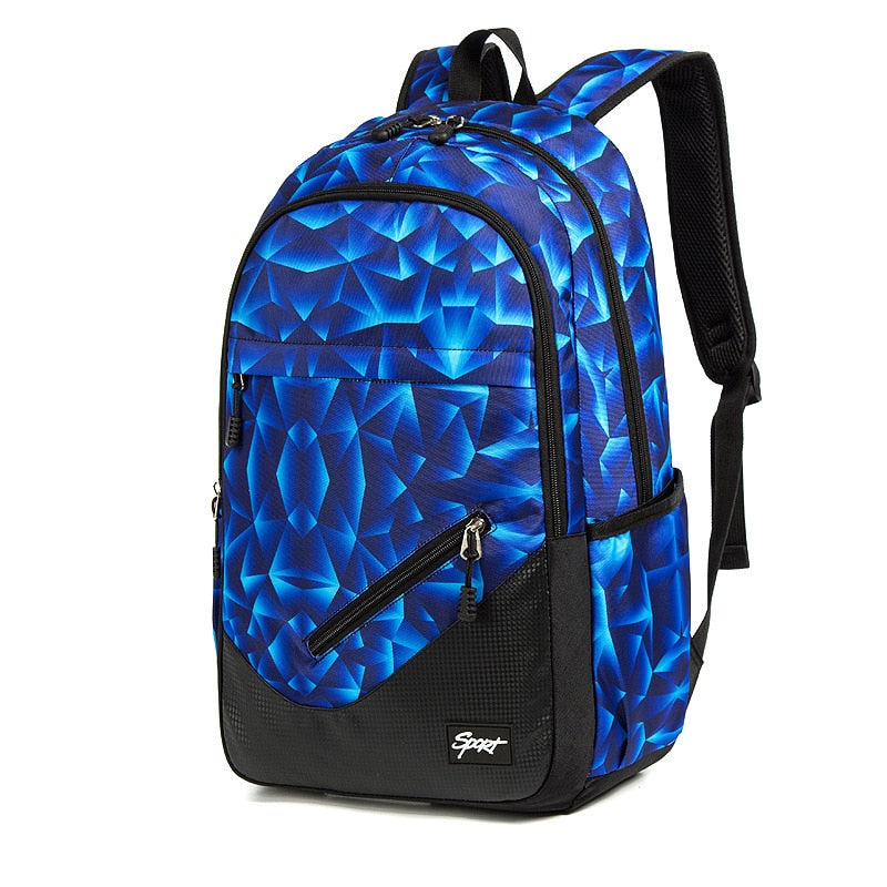 Mochila escolar grande capacidade MJZKXQZ em azul com design geométrico e vários compartimentos