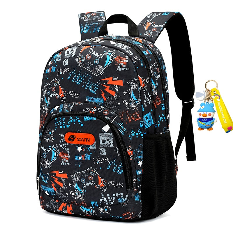 Mochila resistente para escola ZIRANYU com estampa de controle de videogame e bolso lateral.