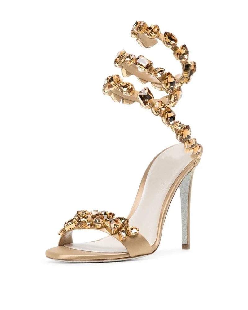 Sandálias femininas KDELY com salto alto e detalhes em stilettos espiral brilhante