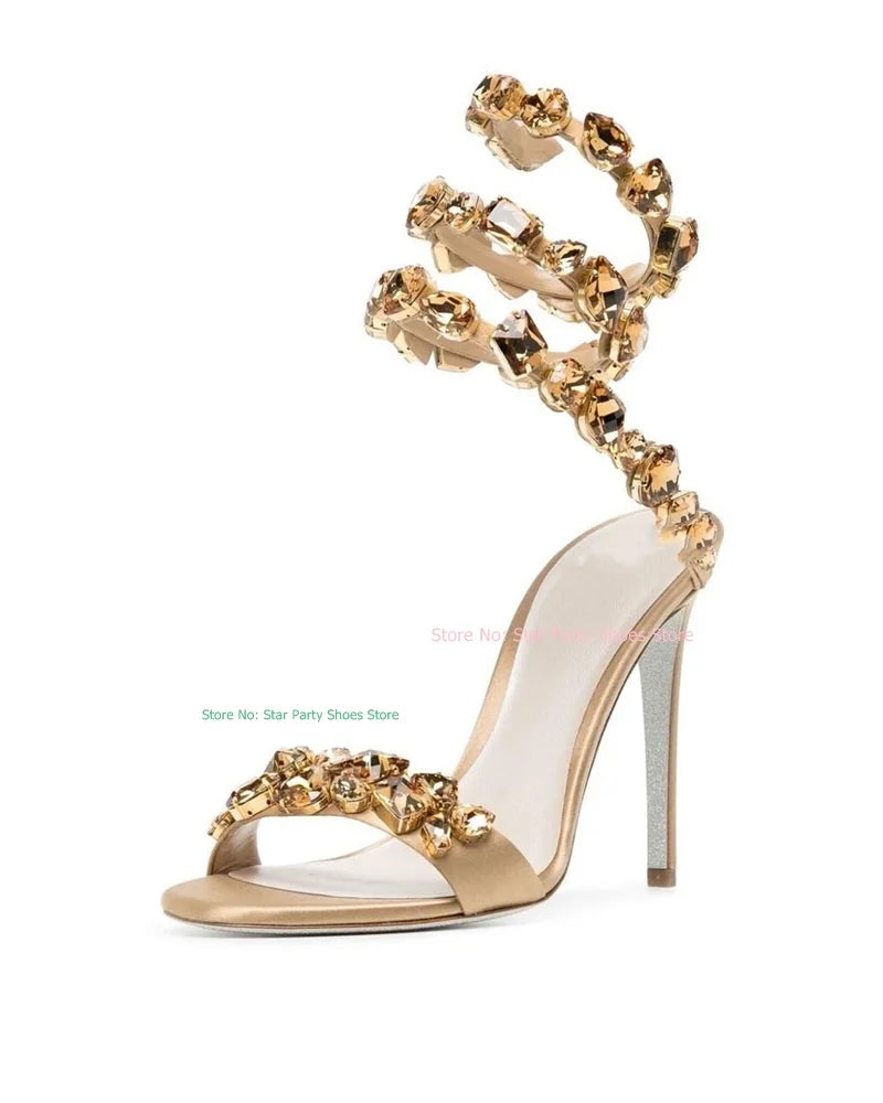Sandália feminina KDELY com salto alto e detalhes em stilettos espiral brilhante para ocasiões especiais