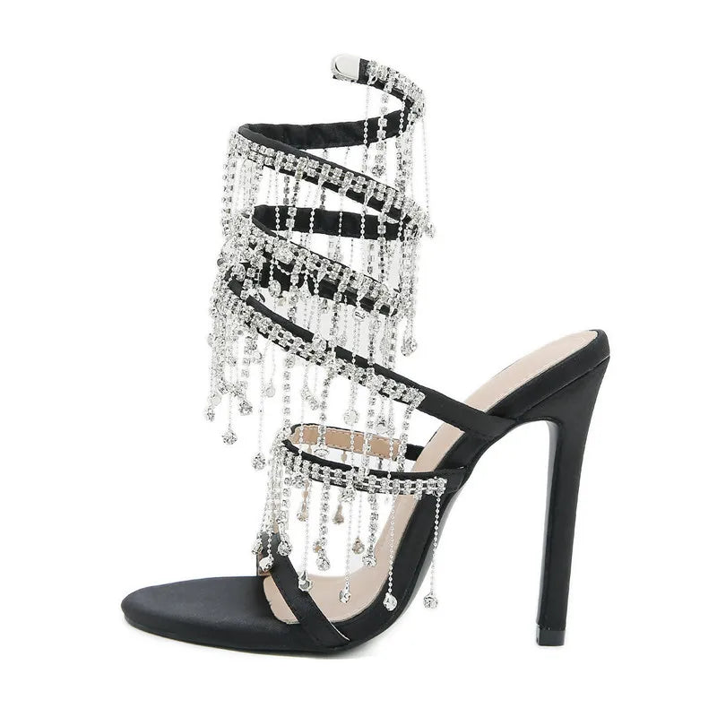 Sandálias femininas PENSAMIENTO com tiras brilhantes, stilettos moda pista para festas e eventos
