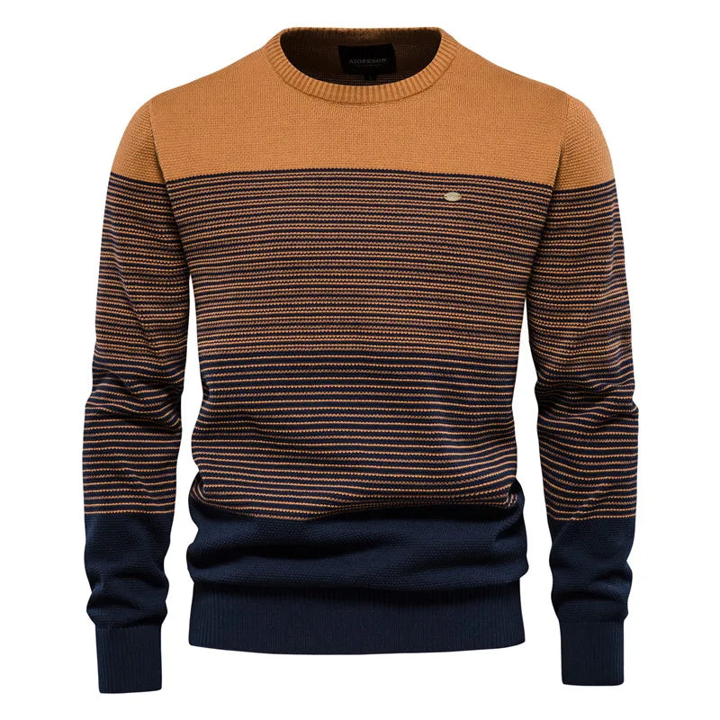 Suéter de algodão masculino com listras em tons de marrom e azul para um visual casual e elegante.