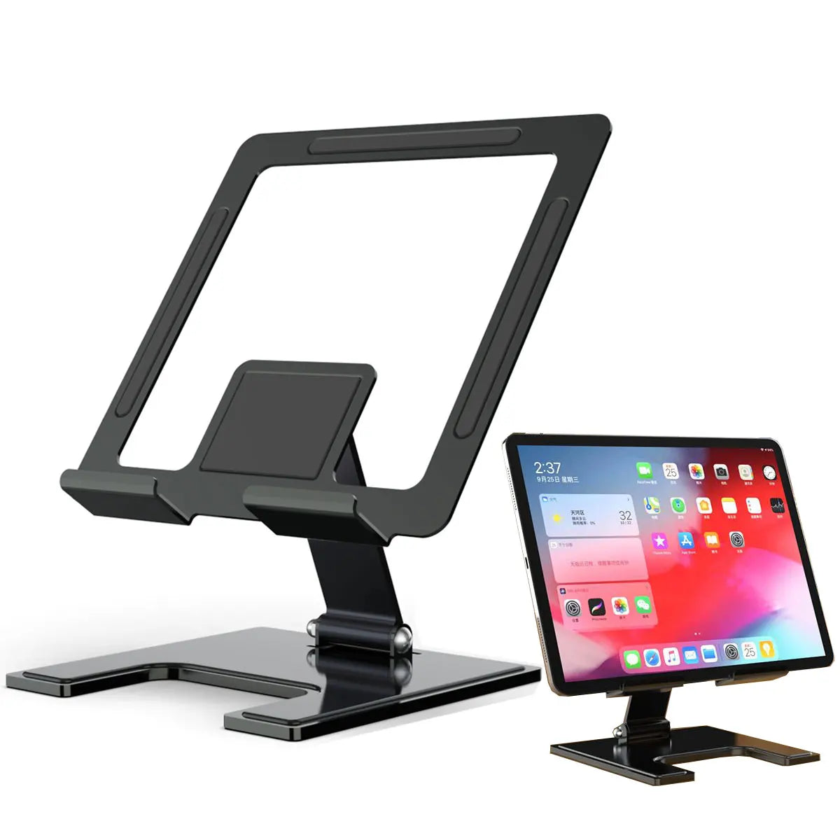 Suporte universal para tablet OLOPKY em preto, ajustável para visualização confortável