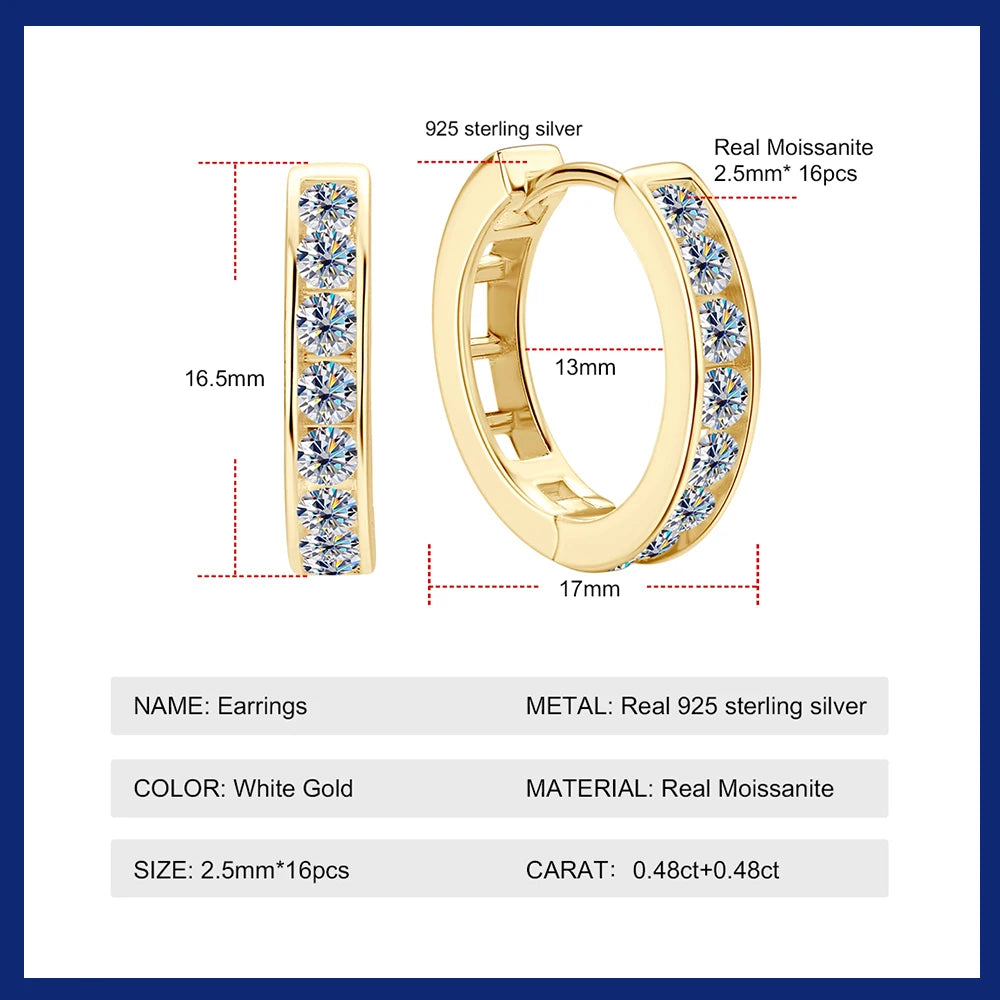 Brincos moissanite prata esterlina com pedras de 2.5mm em prata 925, estilo aro elegante